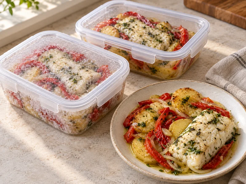 Pescada de forno com batata e pimentos