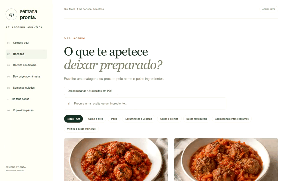 Demonstração rápida da biblioteca: pesquisa de receitas, doses e semanas guiadas